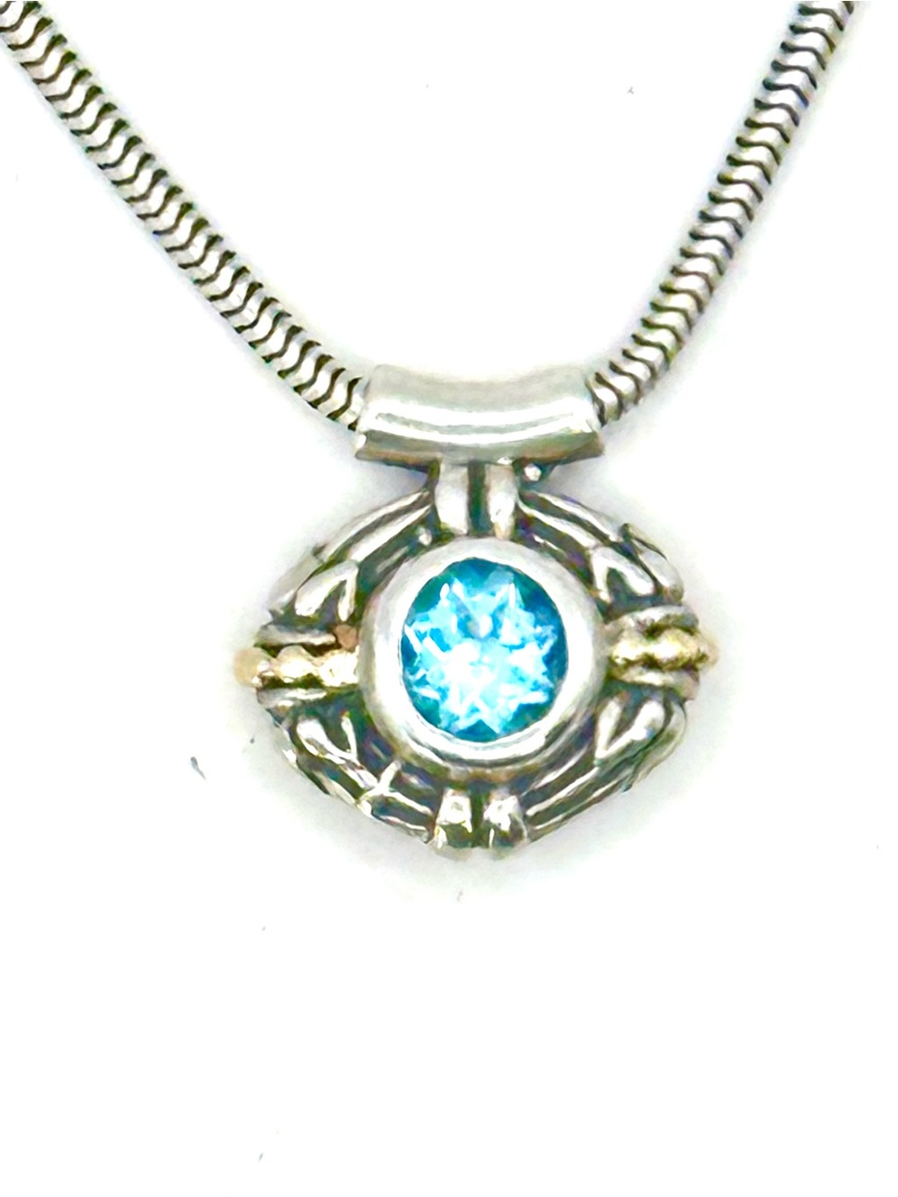 Lagos Caviar Sterling Silver & 18 Kt Gold Blue Topaz Pendant Necklace 16”